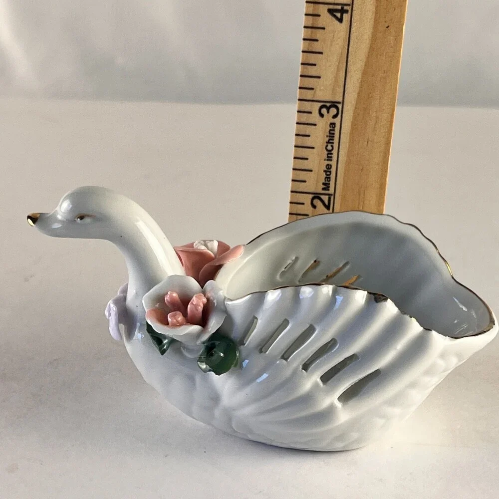 Porcelain Swan Catchall Bowl Applied Pink Roses Gold Accents Iridescent Dish